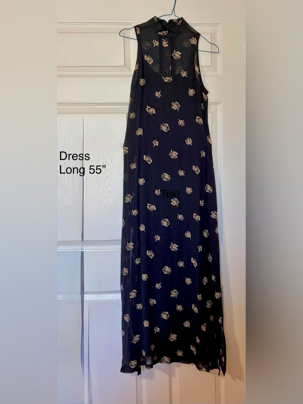 100% Silk Women’s Blue Floral Maxi Dress with Beige Rose Print
